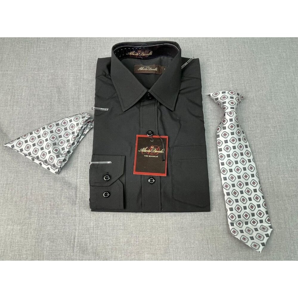 Alberto Danelli Black Button-Up Dress Shirt, Tie Silver, Grey, Black